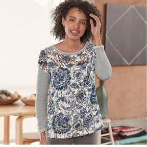 Sundance Caraway Lace
Pullover Gray White Blue Floral French Terry Size L.